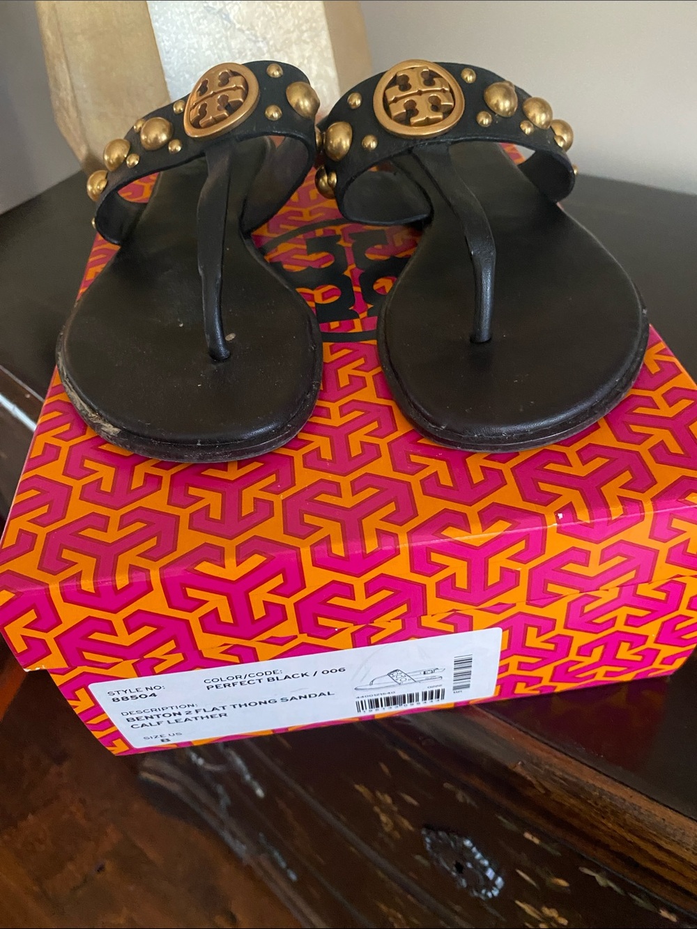 Tory Burch Black Leather Studded Miller Thong Sandals with Gold Logo
